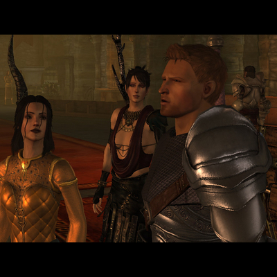 Гермиона, Морриган и Алистер в церкви Dragon Age (1024x768px, 215.2Kb)